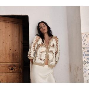 Zara Womens Sweater Size M Beige Cardigan Knit Crochet 3/4 Sleeve 1957/025 NWT